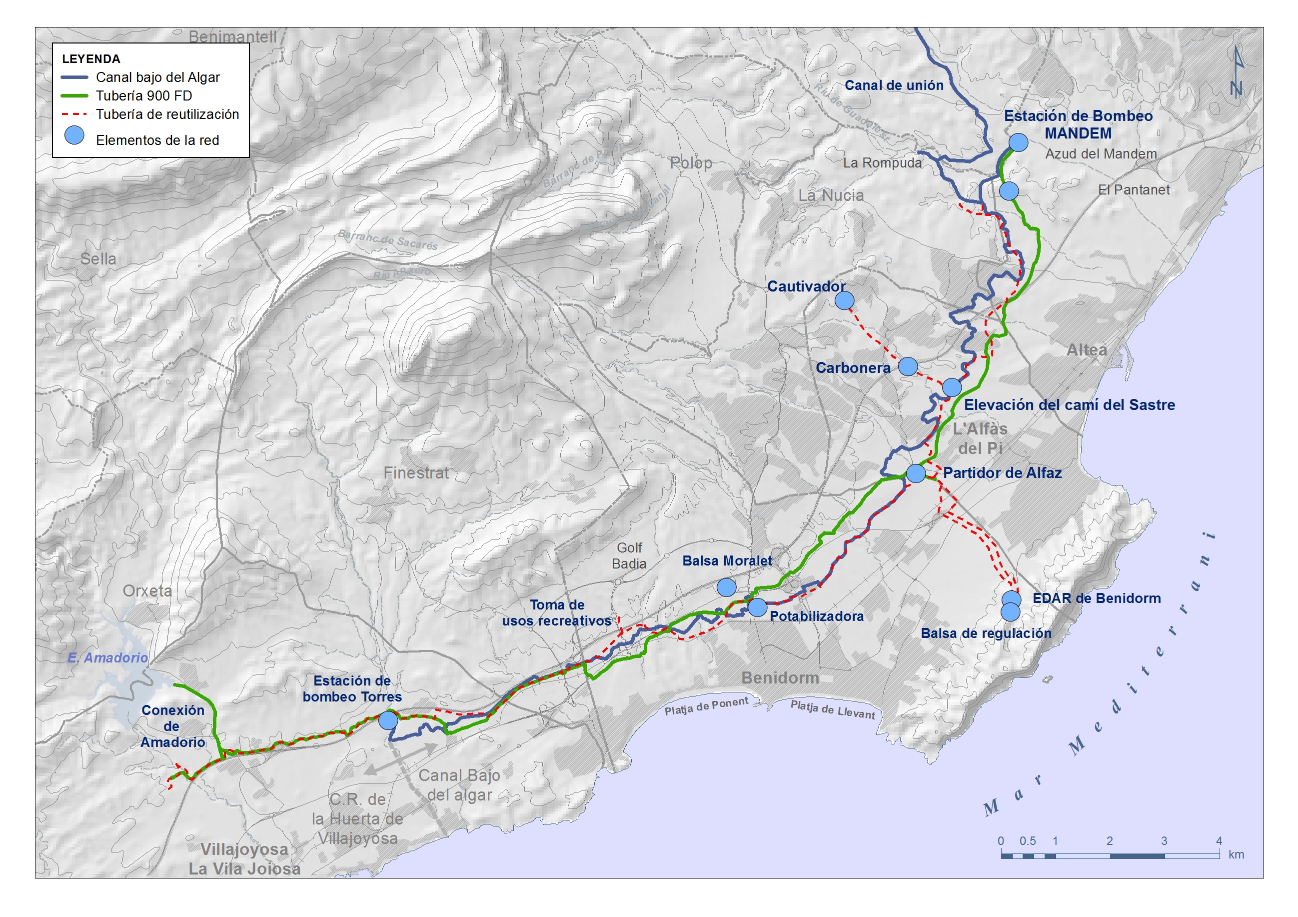 Mapa de la red actual del Canal Bajo del Algar